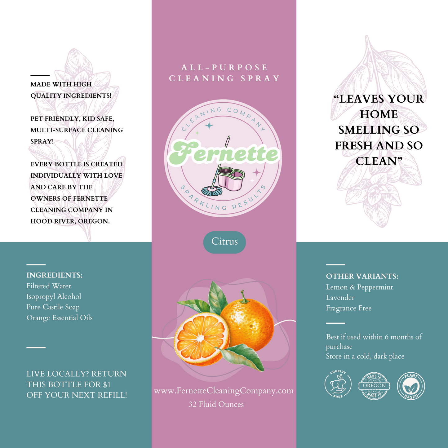 Fernette Cleaning Co Citrus Spray Label