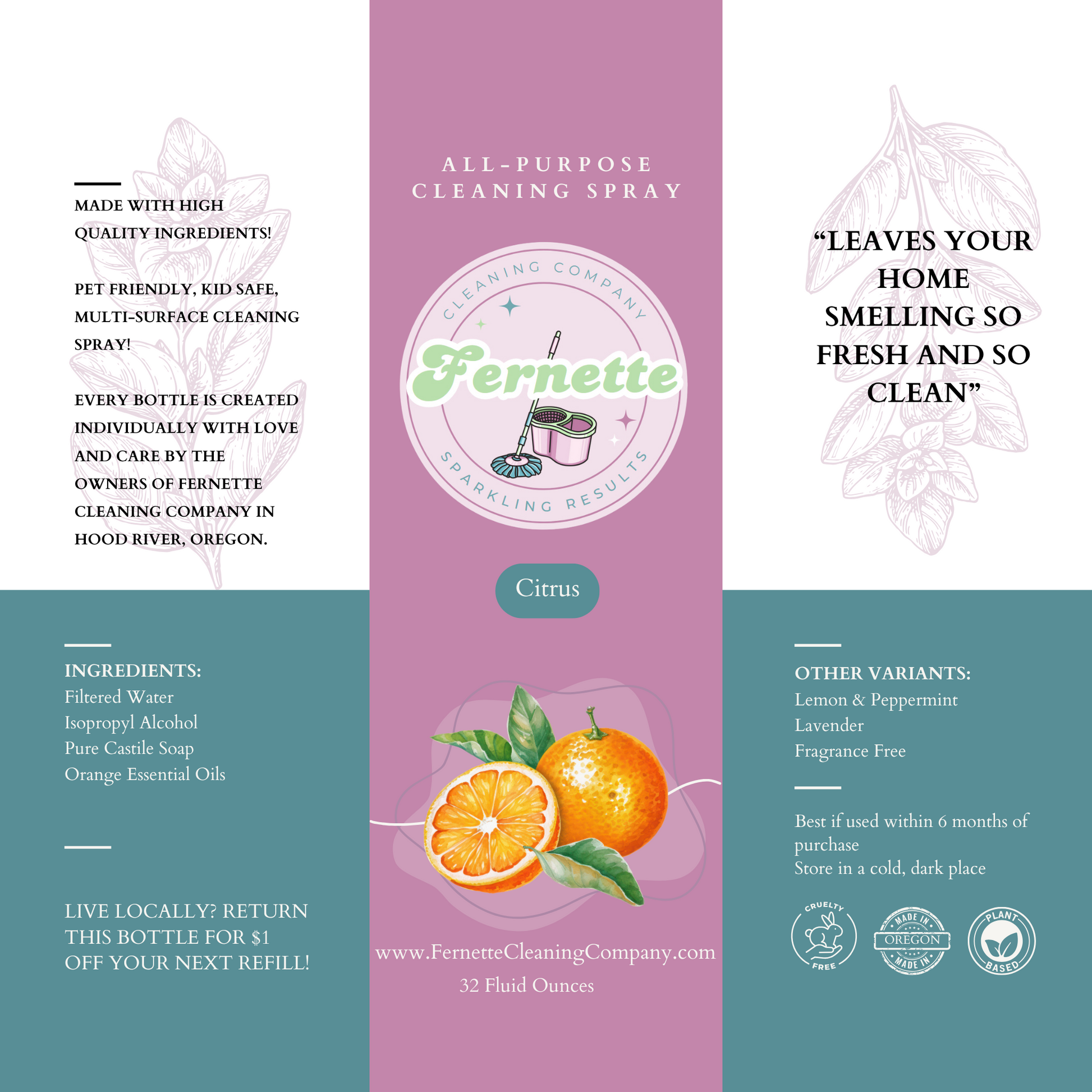 Fernette Cleaning Co Citrus Spray Label