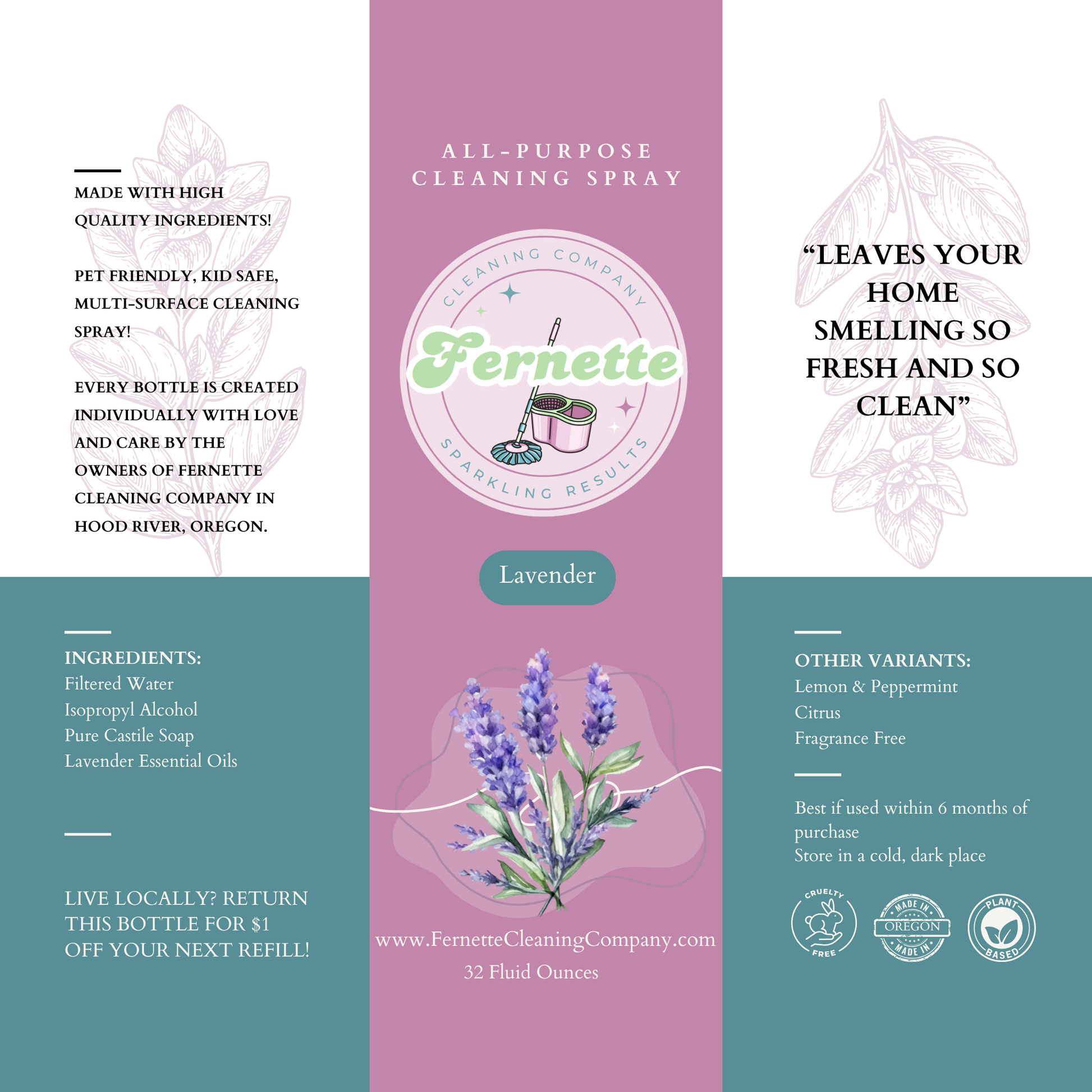 Fernette Cleaning Co Lavender Spray Label