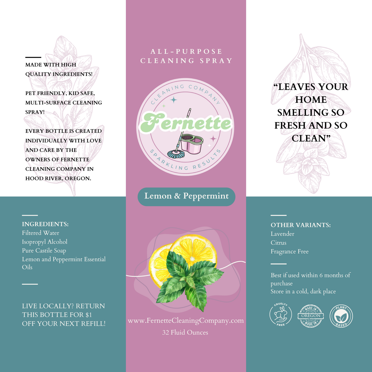 Fernette Cleaning Co Lemon Peppermint Spray Label
