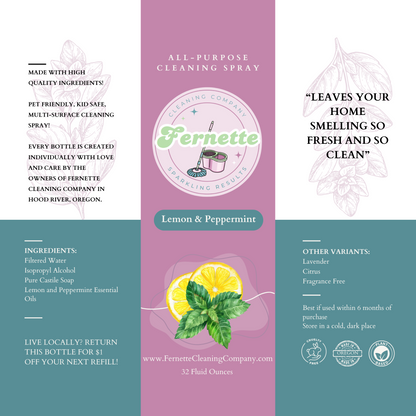 Fernette Cleaning Co Lemon Peppermint Spray Label