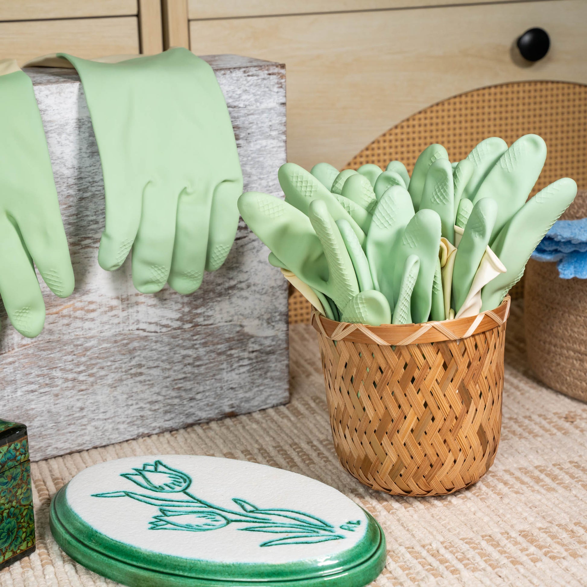 Fernette Cleaning Co Rubber Gloves and Flower